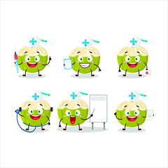 Obraz premium Doctor profession emoticon with green coconut drink cartoon character. Vector illustration