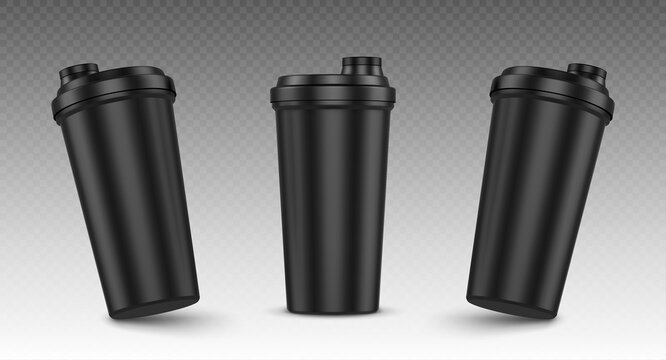 Protein shaker, cup for sports nutrition, gainer or whey shake drink front view. Plastic black bottle, mixer for gym fitness, bodybuilding isolated on transparent background Realistic 3d vector mockup