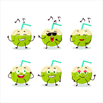 An image of green coconut drink dancer cartoon character enjoying the music. Vector illustration