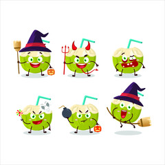 Halloween expression emoticons with cartoon character of green coconut drink. Vector illustration