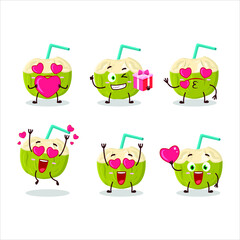 Green coconut drink cartoon character with love cute emoticon. Vector illustration