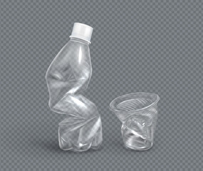 Crumpled plastic cup and bottle for water, disposable mug and flask. Crumple trash, used empty container for beverages isolated on transparent background, pollution concept, Realistic 3d vector mockup