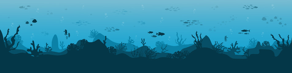 Silhouette of coral reef with fish and scuba diver on a blue sea background. Underwater marine wildlife. Nature vector illustration. © Rimsky