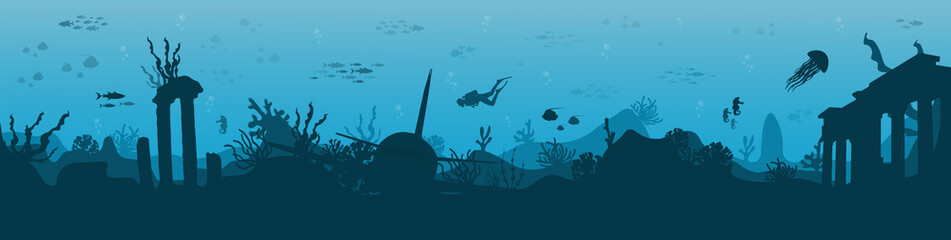 Silhouette of coral reef with fish and scuba diver on a blue sea background. Underwater marine wildlife. Nature vector illustration.