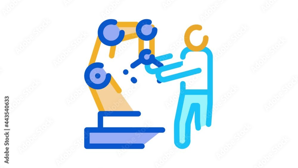 Poster man and robot arm icon animation. color man and robot arm animated icon on white background