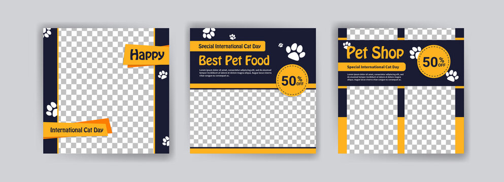 international Cat day. Pet shop square banner template. Promotional Banner for social media ads, web ads, business messages, discount flyers and big sale banners.