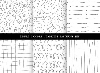 Set of six simple thin line seamless patterns. Design for paper, textile and decor. Vector illustration.