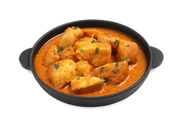 Delicious chicken curry in pan on white background