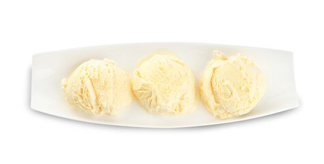 Delicious banana ice cream isolated on white, top view