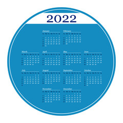 Blue circle calendar on 2022 year. Vector template calendar in English.