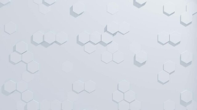White hexagons geometric, honeycomb, on white background. Seamless loop 3d render animation abstract background random movement.