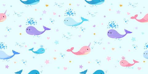 Children pattern with pink narwhal and blue whale. Seamless pattern with unicorn whale © kornetka