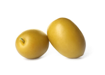 Ripe raw green olives on white background