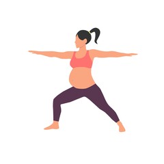 Pregnant girl woman doing yoga. Healthy pregnancy. Vector illustration in flat style. yoga pose asana Virabhadrasana - Warrior Pose 2
