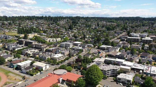 Cinematic 4K drone pedestal footage of the downtown Edmonds residential area in Snohomish County