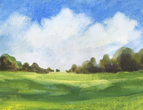 green field and trees, white clouds on blue sky abstract watercolor background. hand drawn illustration