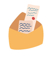 Open envelope with letters. Postcards. Mail envelope with paper. Love messages. Correspondence through postal service. Vector illustration on white background.