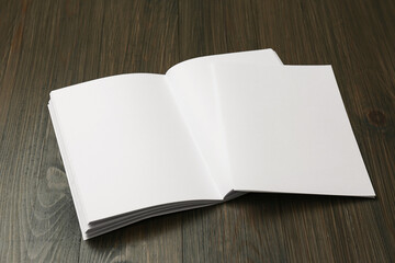 Fototapeta premium Sheet of paper and blank brochure on wooden table. Mockup for design