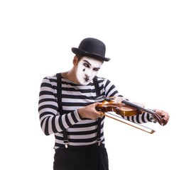 Mime playing violin isolated on white