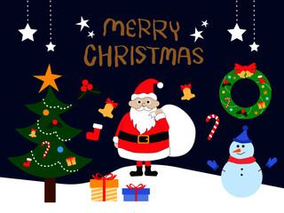 Naklejka premium クリスマスイラストセット（ツリー、リース、プレゼント、サンタ、雪だるま、ステッキ、ベル、リボン、赤い実、星、クリスマスホーリー、靴下）