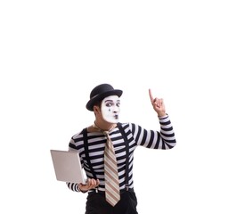 Mime with laptop isolated on white background
