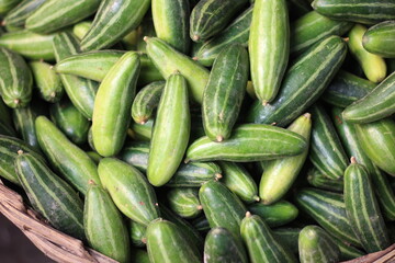 A bunch of green pointed gourd in the market