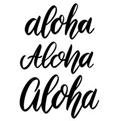 Aloha. Lettering phrase on white background. Design element for greeting card, t shirt, poster. Vector illustration