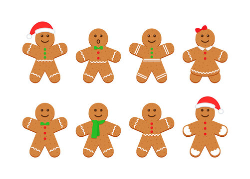 Gingerbread man and woman. Classic Christmas cookies. Xmas biscuit isolated on white background. Vector illustration. Noel holiday sweet dessert. Cute ginger bread character in flat cartoon design.