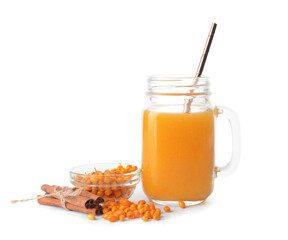 Mason jar of healthy sea buckthorn tea on white background