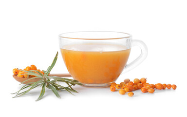 Cup of healthy sea buckthorn tea on white background