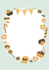 Frame with Halloween sweets, flags. Border for holiday photos, invitations, cards. Template with copy space. Trick or treat candies, lollipop, cakes, caramel apple, skull cookies for kids party