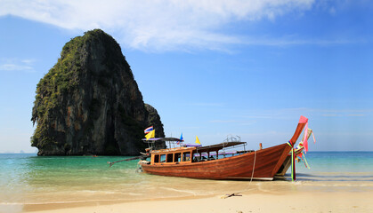 Fototapeta premium Tour boats anchor and dock on Krabi Island.