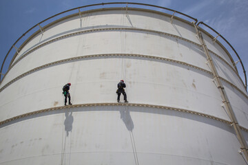 Male two worker rope access  inspection of thickness storage propane