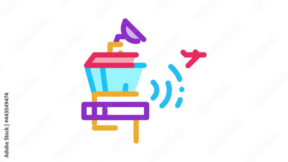 Poster airport control tower radar icon animation. color air flight controller tower concept linear pictogr