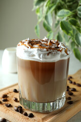 Concept of delicious drink with ice coffee, close up
