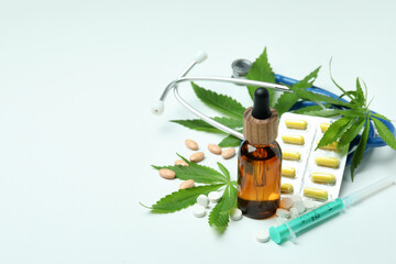 Medicinal cannabis concept on white background, space for text