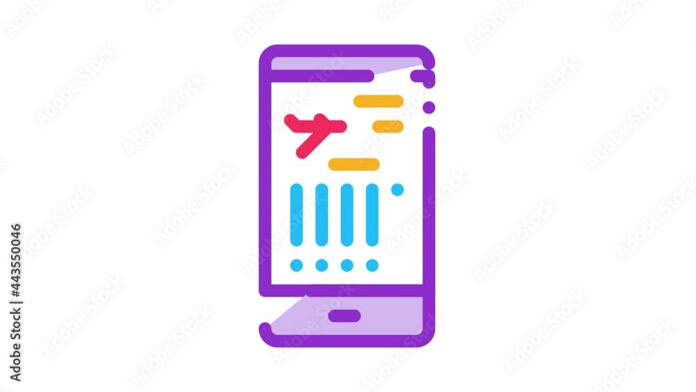 Poster flight information on phone icon animation. color flight info on smartphone display concept linear p