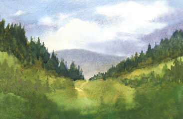 Obraz premium watercolor abstract landscape background with spruce trees on hills and green grass. hand drawn illustration