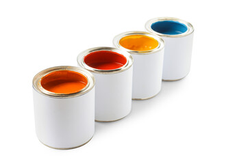 Paint cans on white background