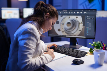 Woman engineer architect working in modern cad program sitting at desk in start-up business office. Industrial employee start new prototype idea on computer using inovative design concept