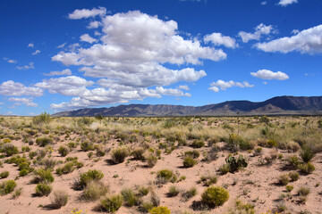 desert and mountains near ground zero on a sunny day at the trinity site, new mexico, where the...