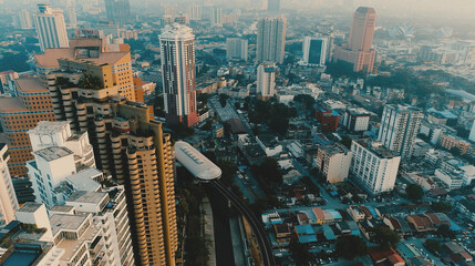 AERIAL. Cinematic style of Kuala Lumpur city from the drone. Yellow - blue color footage.