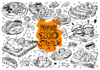 Hand drawn vector illustration on white background. Cartoon doodle restaurant food menu: burger, nuggets, sausages, nachos, pancakes, cheeses, meat, bruschetta, sandwich, french fries, sauce, tacos