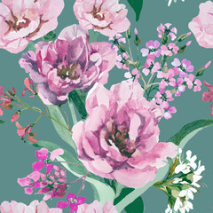 Light pink tulips and wildflowers watercolor on green blue background seamless pattern for all prints.