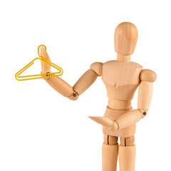 paperclip hanger in the hand of a wooden mannequin
