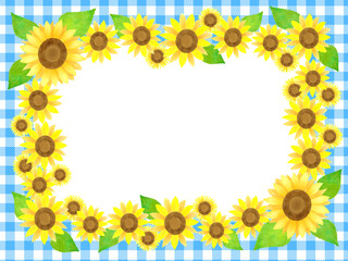 水色チェックの背景素材に白い丸フレームとひまわりのモチーフ シェパードチェック 小弁慶格子 Wall Mural 黒蜜きなこ