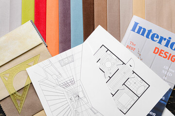House plans with magazine on fabric samples
