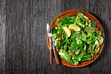 Green salad on a brown clay plate, copy space