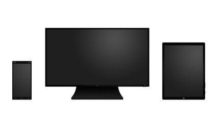 A black tablet computer, a cellphone and a monitor with empty screens, isolated on white background