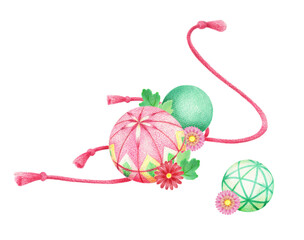 手毬と花と紐の和風イラスト　ピンク　手描き色鉛筆画